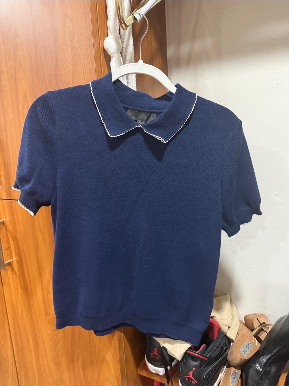 Zara Navy Short Sleeve Polo with White Picot Trim